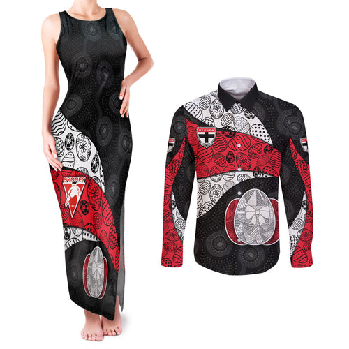 Personalized St Kilda Football Couples Matching Tank Maxi Dress and Long Sleeve Button Shirt Easter Egg Pattern Red Black White Tribal Dot Style