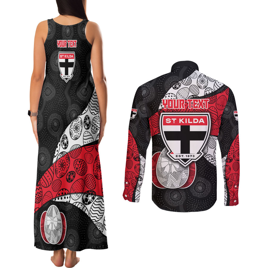 Personalized St Kilda Football Couples Matching Tank Maxi Dress and Long Sleeve Button Shirt Easter Egg Pattern Red Black White Tribal Dot Style