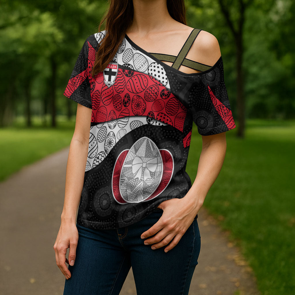 Personalized St Kilda Football Cross Shoulder Shirt Easter Egg Pattern Red Black White Tribal Dot Style