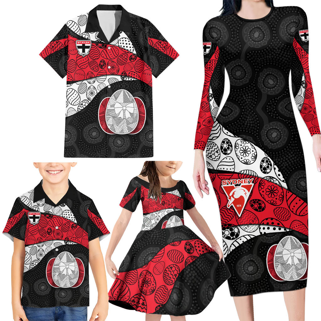 Personalized St Kilda Football Family Matching Long Sleeve Bodycon Dress and Hawaiian Shirt Easter Egg Pattern Red Black White Tribal Dot Style