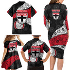 Personalized St Kilda Football Family Matching Long Sleeve Bodycon Dress and Hawaiian Shirt Easter Egg Pattern Red Black White Tribal Dot Style