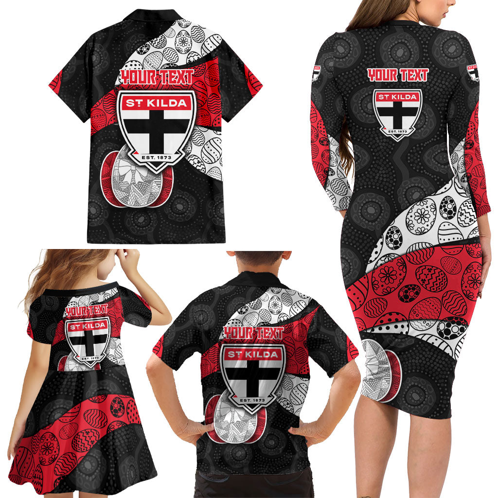 Personalized St Kilda Football Family Matching Long Sleeve Bodycon Dress and Hawaiian Shirt Easter Egg Pattern Red Black White Tribal Dot Style