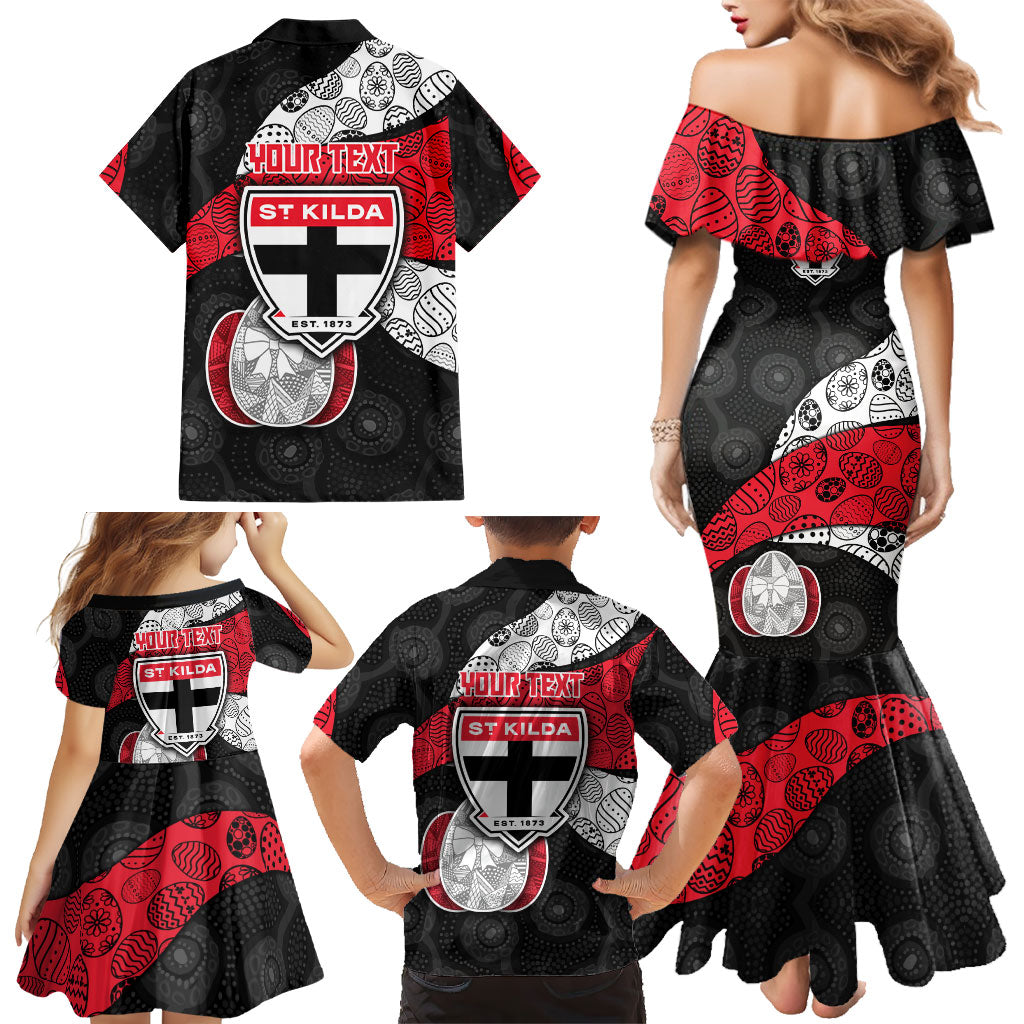 Personalized St Kilda Football Family Matching Mermaid Dress and Hawaiian Shirt Easter Egg Pattern Red Black White Tribal Dot Style