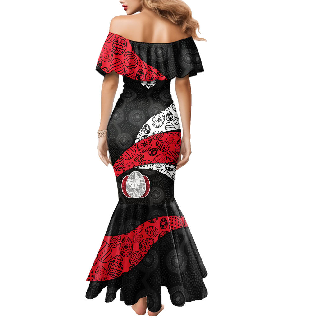 Personalized St Kilda Football Family Matching Mermaid Dress and Hawaiian Shirt Easter Egg Pattern Red Black White Tribal Dot Style