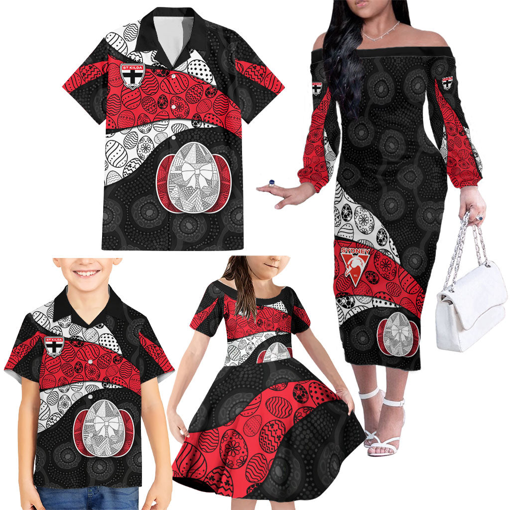 Personalized St Kilda Football Family Matching Off The Shoulder Long Sleeve Dress and Hawaiian Shirt Easter Egg Pattern Red Black White Tribal Dot Style