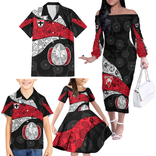 Personalized St Kilda Football Family Matching Off The Shoulder Long Sleeve Dress and Hawaiian Shirt Easter Egg Pattern Red Black White Tribal Dot Style