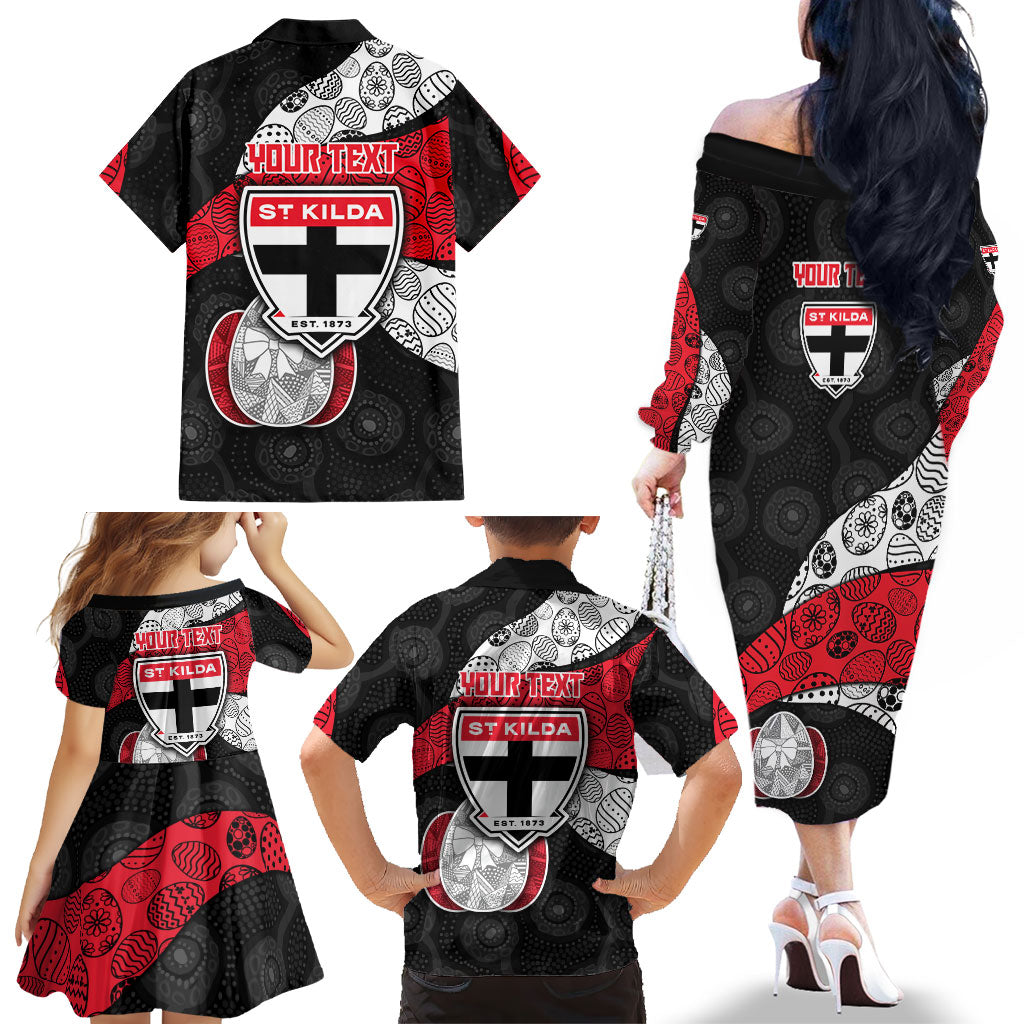 Personalized St Kilda Football Family Matching Off The Shoulder Long Sleeve Dress and Hawaiian Shirt Easter Egg Pattern Red Black White Tribal Dot Style