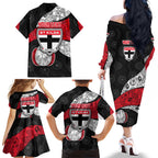Personalized St Kilda Football Family Matching Off The Shoulder Long Sleeve Dress and Hawaiian Shirt Easter Egg Pattern Red Black White Tribal Dot Style