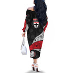 Personalized St Kilda Football Family Matching Off The Shoulder Long Sleeve Dress and Hawaiian Shirt Easter Egg Pattern Red Black White Tribal Dot Style