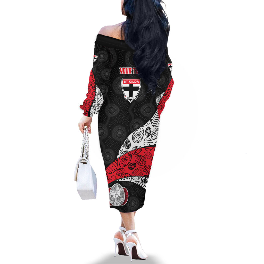 Personalized St Kilda Football Family Matching Off The Shoulder Long Sleeve Dress and Hawaiian Shirt Easter Egg Pattern Red Black White Tribal Dot Style