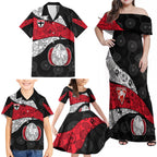 Personalized St Kilda Football Family Matching Off Shoulder Maxi Dress and Hawaiian Shirt Easter Egg Pattern Red Black White Tribal Dot Style