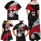 Personalized St Kilda Football Family Matching Off Shoulder Maxi Dress and Hawaiian Shirt Easter Egg Pattern Red Black White Tribal Dot Style