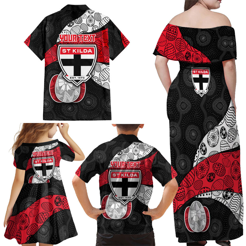 Personalized St Kilda Football Family Matching Off Shoulder Maxi Dress and Hawaiian Shirt Easter Egg Pattern Red Black White Tribal Dot Style
