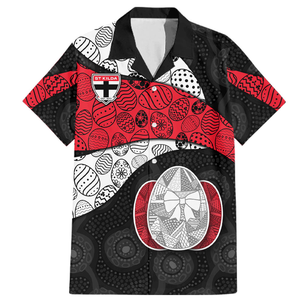 Personalized St Kilda Football Family Matching Off Shoulder Maxi Dress and Hawaiian Shirt Easter Egg Pattern Red Black White Tribal Dot Style