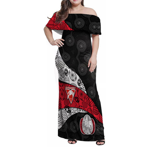 Personalized St Kilda Football Family Matching Off Shoulder Maxi Dress and Hawaiian Shirt Easter Egg Pattern Red Black White Tribal Dot Style