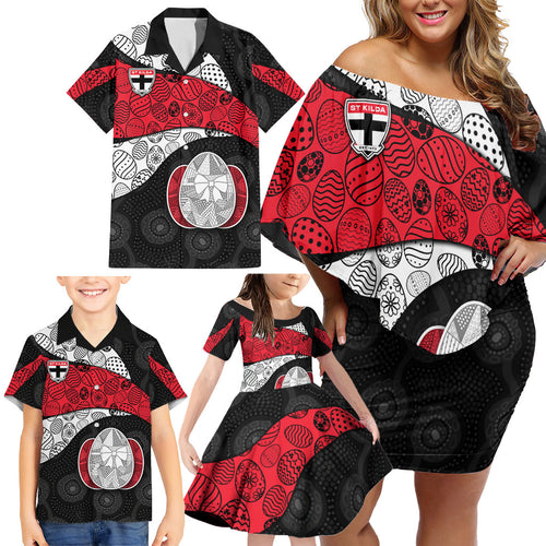 Personalized St Kilda Football Family Matching Off Shoulder Short Dress and Hawaiian Shirt Easter Egg Pattern Red Black White Tribal Dot Style