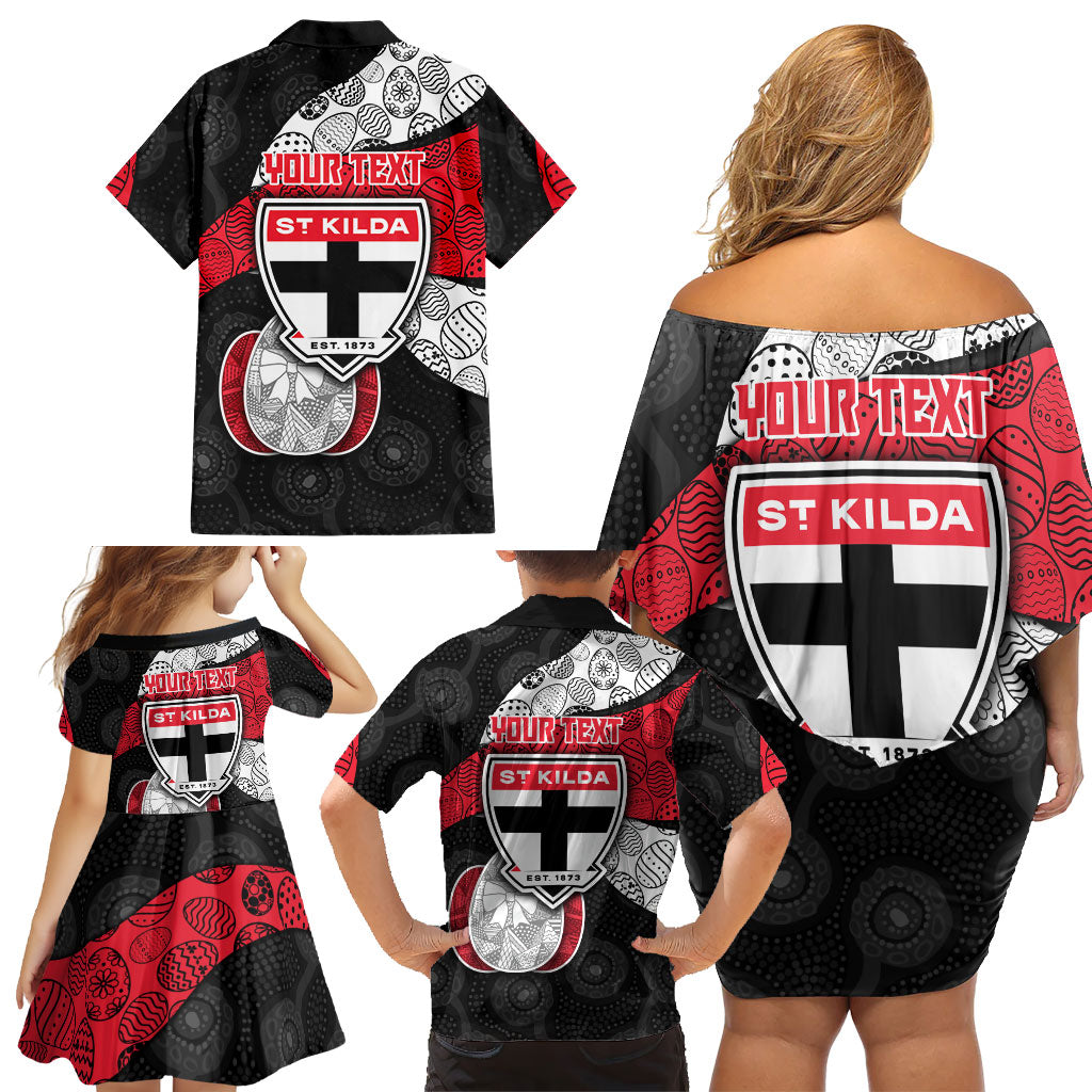 Personalized St Kilda Football Family Matching Off Shoulder Short Dress and Hawaiian Shirt Easter Egg Pattern Red Black White Tribal Dot Style