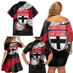Personalized St Kilda Football Family Matching Off Shoulder Short Dress and Hawaiian Shirt Easter Egg Pattern Red Black White Tribal Dot Style