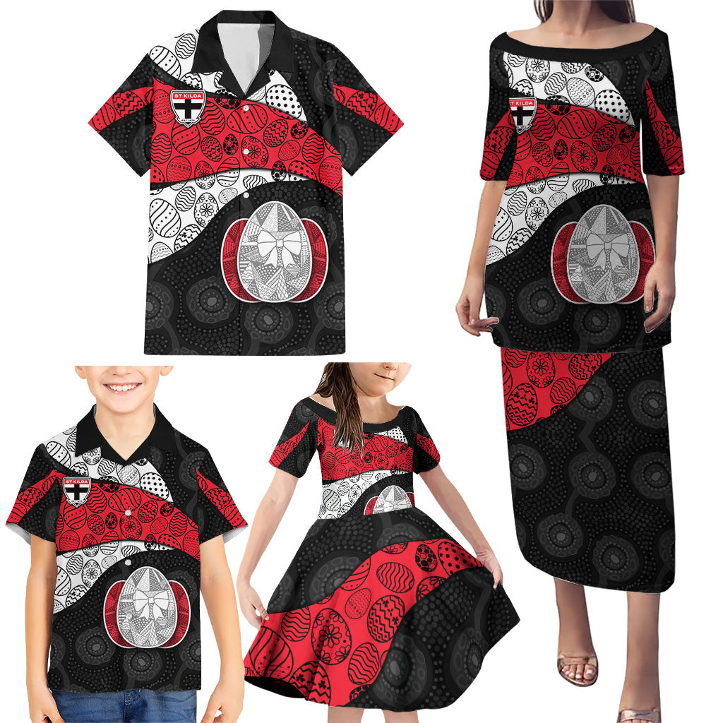 Personalized St Kilda Football Family Matching Puletasi and Hawaiian Shirt Easter Egg Pattern Red Black White Tribal Dot Style