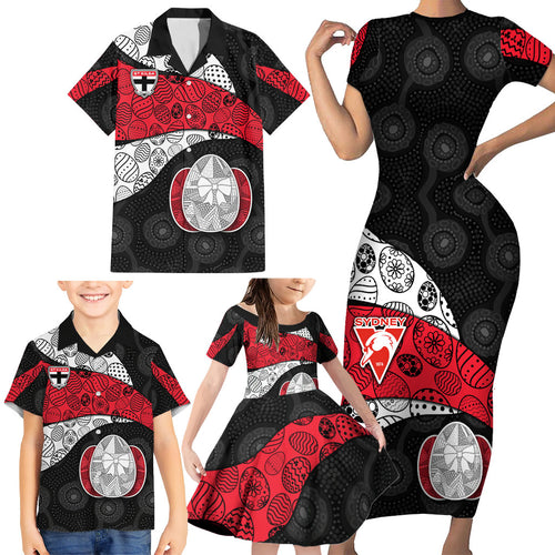 Personalized St Kilda Football Family Matching Short Sleeve Bodycon Dress and Hawaiian Shirt Easter Egg Pattern Red Black White Tribal Dot Style