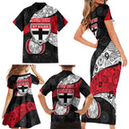 Personalized St Kilda Football Family Matching Short Sleeve Bodycon Dress and Hawaiian Shirt Easter Egg Pattern Red Black White Tribal Dot Style