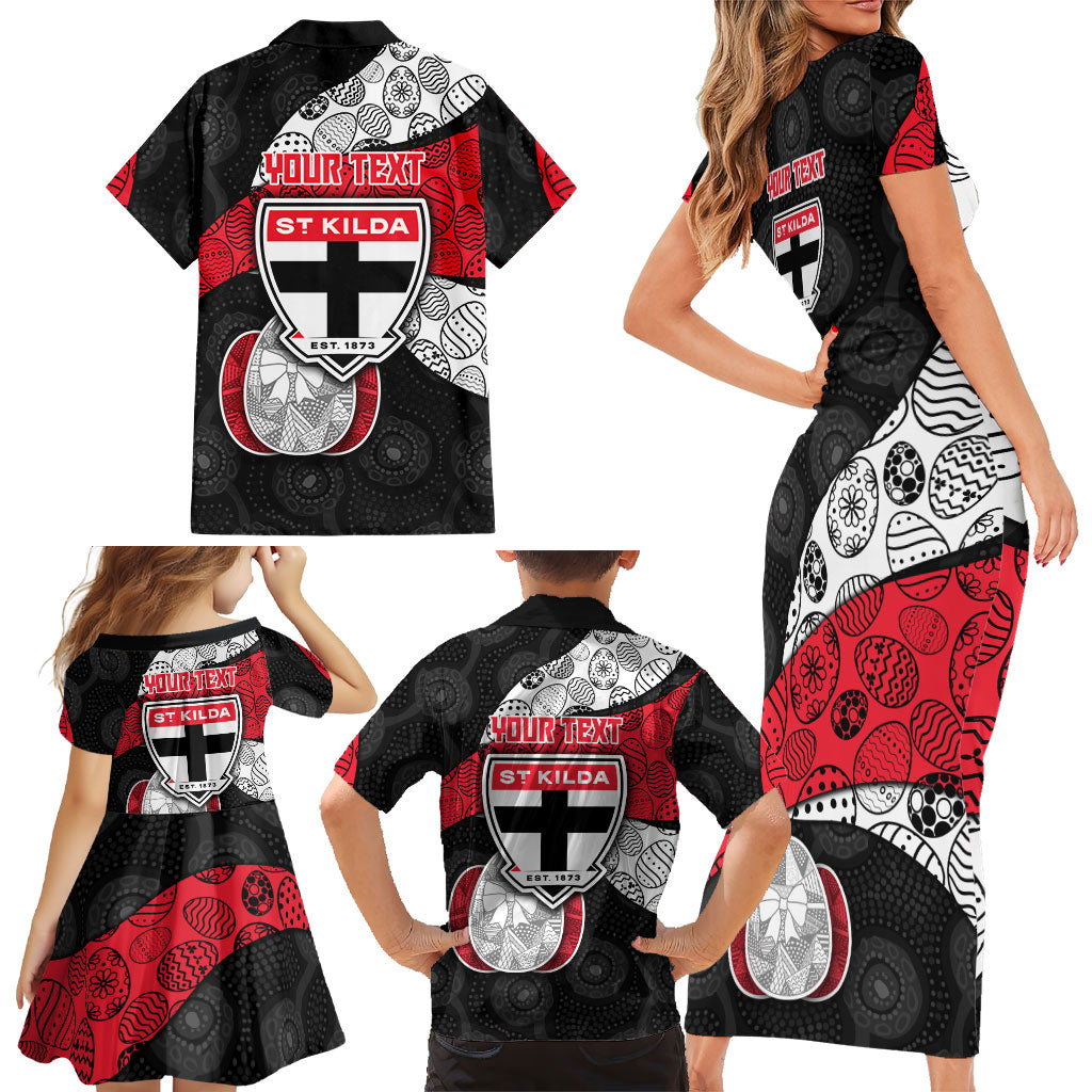 Personalized St Kilda Football Family Matching Short Sleeve Bodycon Dress and Hawaiian Shirt Easter Egg Pattern Red Black White Tribal Dot Style