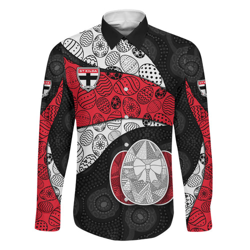 Personalized St Kilda Football Family Matching Short Sleeve Bodycon Dress and Hawaiian Shirt Easter Egg Pattern Red Black White Tribal Dot Style