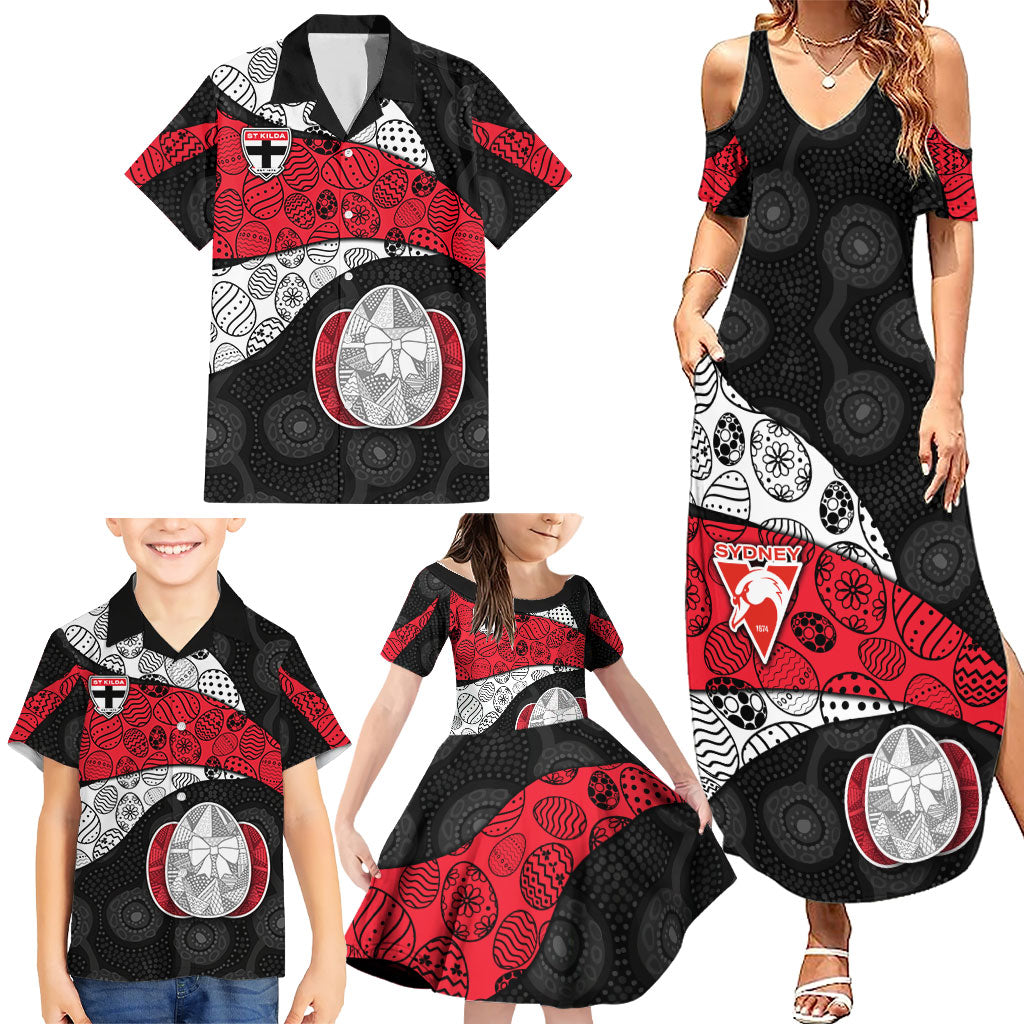 Personalized St Kilda Football Family Matching Summer Maxi Dress and Hawaiian Shirt Easter Egg Pattern Red Black White Tribal Dot Style