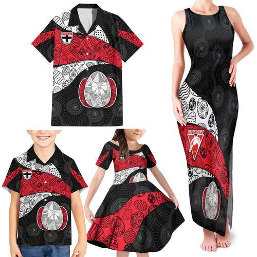 Personalized St Kilda Football Family Matching Tank Maxi Dress and Hawaiian Shirt Easter Egg Pattern Red Black White Tribal Dot Style