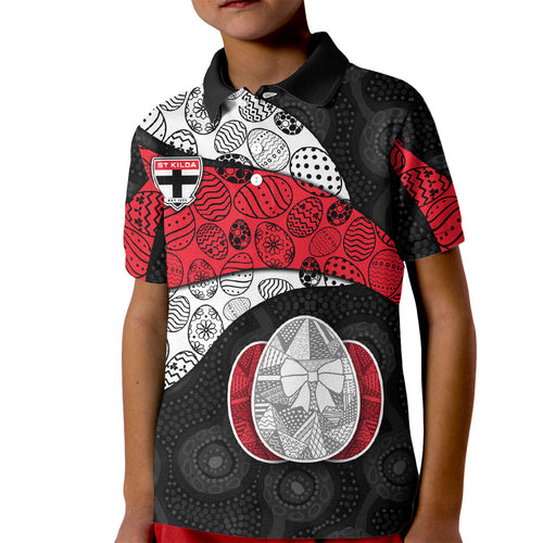 Personalized St Kilda Football Kid Polo Shirt Easter Egg Pattern Red Black White Tribal Dot Style
