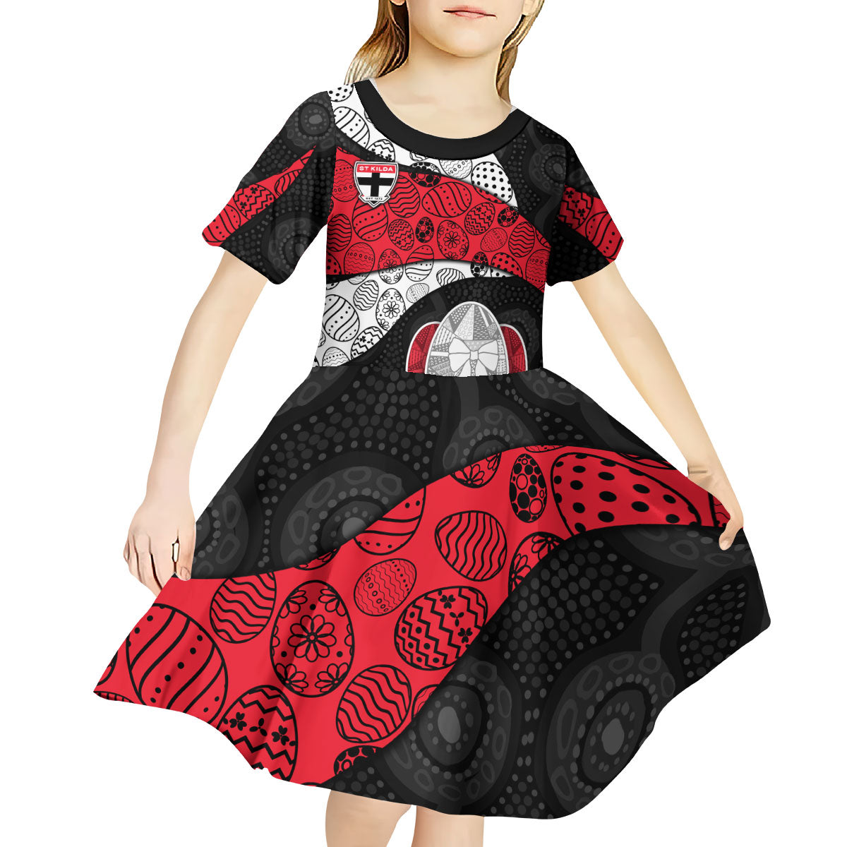 Personalized St Kilda Football Kid Short Sleeve Dress Easter Egg Pattern Red Black White Tribal Dot Style