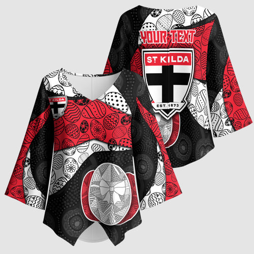 Personalized St Kilda Football Kimono Sleeve Blouse Easter Egg Pattern Red Black White Tribal Dot Style