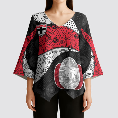 Personalized St Kilda Football Kimono Sleeve Blouse Easter Egg Pattern Red Black White Tribal Dot Style
