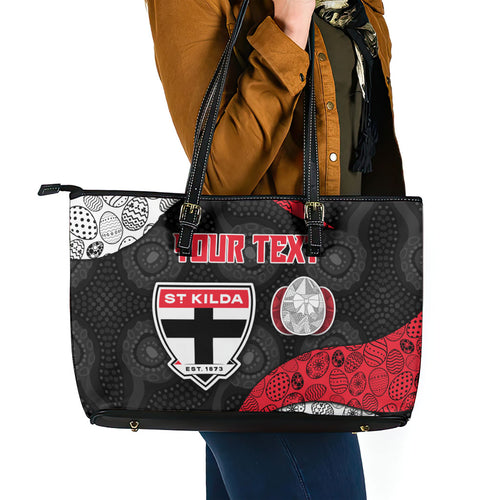 Personalized St Kilda Football Leather Tote Bag Easter Egg Pattern Red Black White Tribal Dot Style
