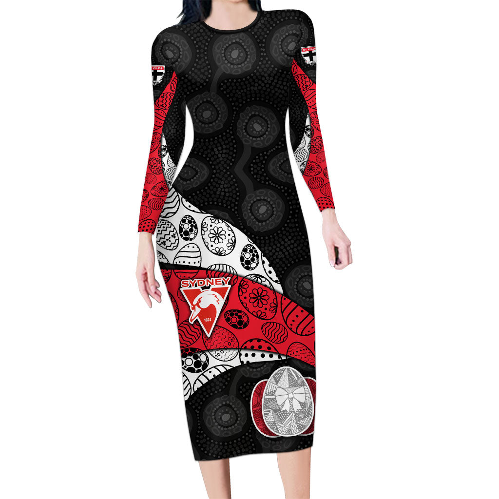 Personalized St Kilda Football Long Sleeve Bodycon Dress Easter Egg Pattern Red Black White Tribal Dot Style