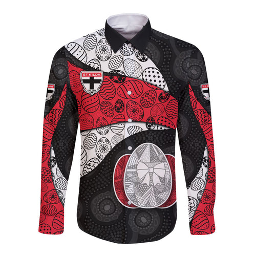 Personalized St Kilda Football Long Sleeve Button Shirt Easter Egg Pattern Red Black White Tribal Dot Style