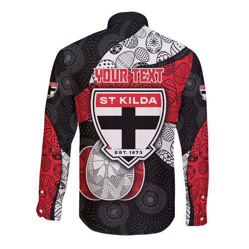 Personalized St Kilda Football Long Sleeve Button Shirt Easter Egg Pattern Red Black White Tribal Dot Style