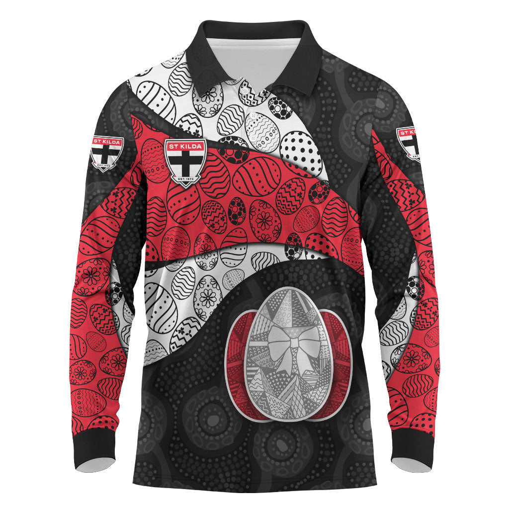 Personalized St Kilda Football Long Sleeve Polo Shirt Easter Egg Pattern Red Black White Tribal Dot Style