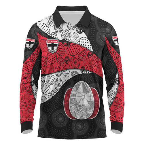 Personalized St Kilda Football Long Sleeve Polo Shirt Easter Egg Pattern Red Black White Tribal Dot Style