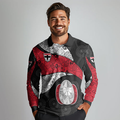 Personalized St Kilda Football Long Sleeve Polo Shirt Easter Egg Pattern Red Black White Tribal Dot Style