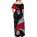 Personalized St Kilda Football Off Shoulder Maxi Dress Easter Egg Pattern Red Black White Tribal Dot Style
