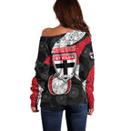 Personalized St Kilda Football Off Shoulder Sweater Easter Egg Pattern Red Black White Tribal Dot Style