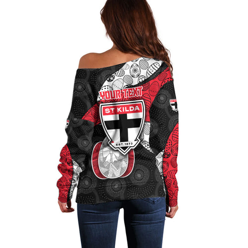 Personalized St Kilda Football Off Shoulder Sweater Easter Egg Pattern Red Black White Tribal Dot Style