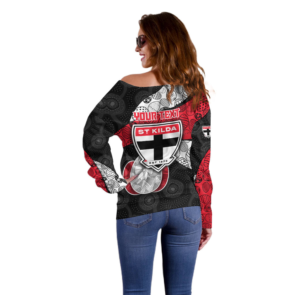 Personalized St Kilda Football Off Shoulder Sweater Easter Egg Pattern Red Black White Tribal Dot Style