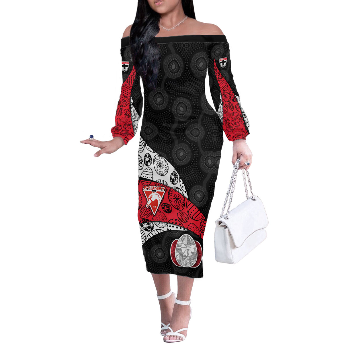 Personalized St Kilda Football Off The Shoulder Long Sleeve Dress Easter Egg Pattern Red Black White Tribal Dot Style