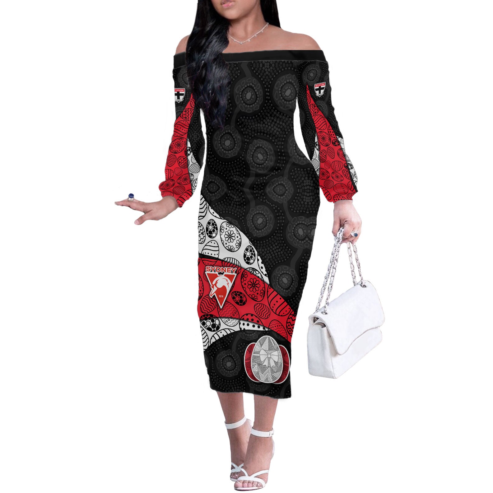 Personalized St Kilda Football Off The Shoulder Long Sleeve Dress Easter Egg Pattern Red Black White Tribal Dot Style