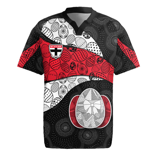 Personalized St Kilda Football Rugby Jersey Easter Egg Pattern Red Black White Tribal Dot Style
