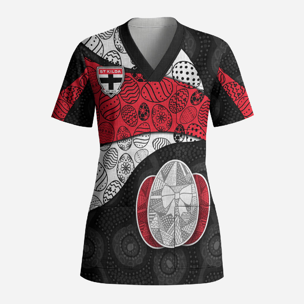 Personalized St Kilda Football Scrub Top Easter Egg Pattern Red Black White Tribal Dot Style