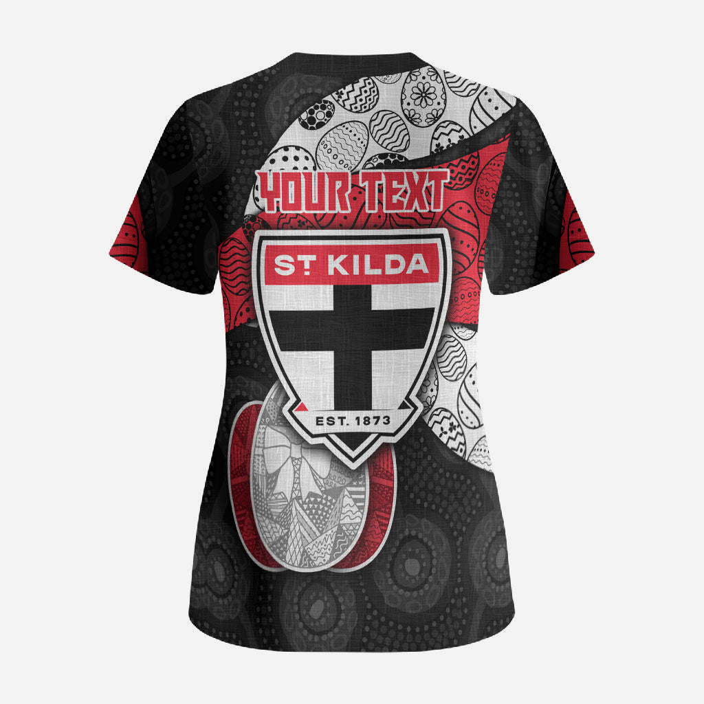 Personalized St Kilda Football Scrub Top Easter Egg Pattern Red Black White Tribal Dot Style