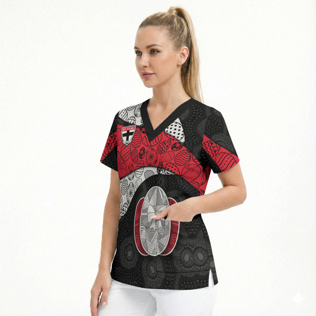 Personalized St Kilda Football Scrub Top Easter Egg Pattern Red Black White Tribal Dot Style